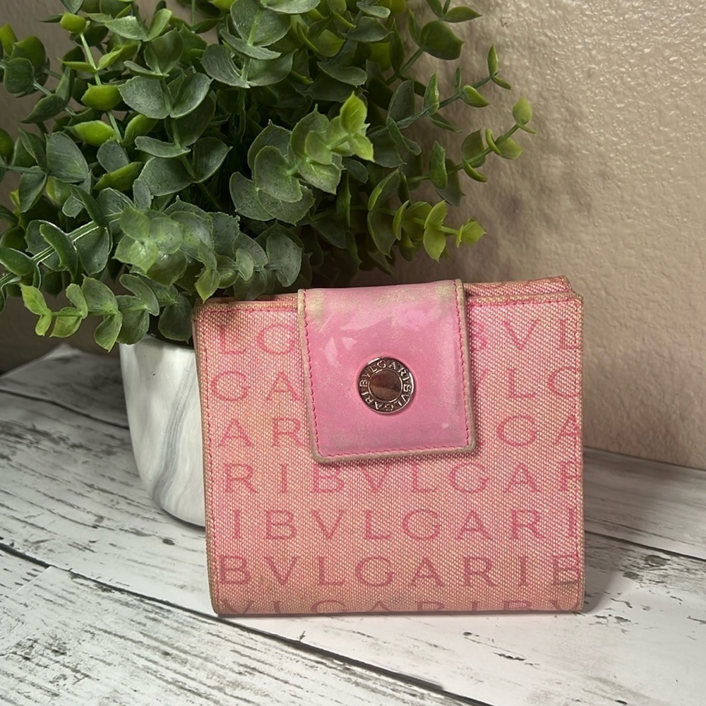 PROJECT !!! BVLGARI Bulgari Pink Logo Canvas Leather Wallet Clutch
